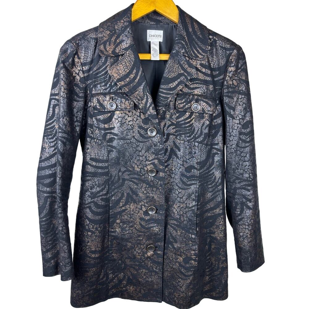CHICOS Womens Blazer Jacket Sz 0 XS Black Bronze Pattern Front Pockets w Buttons